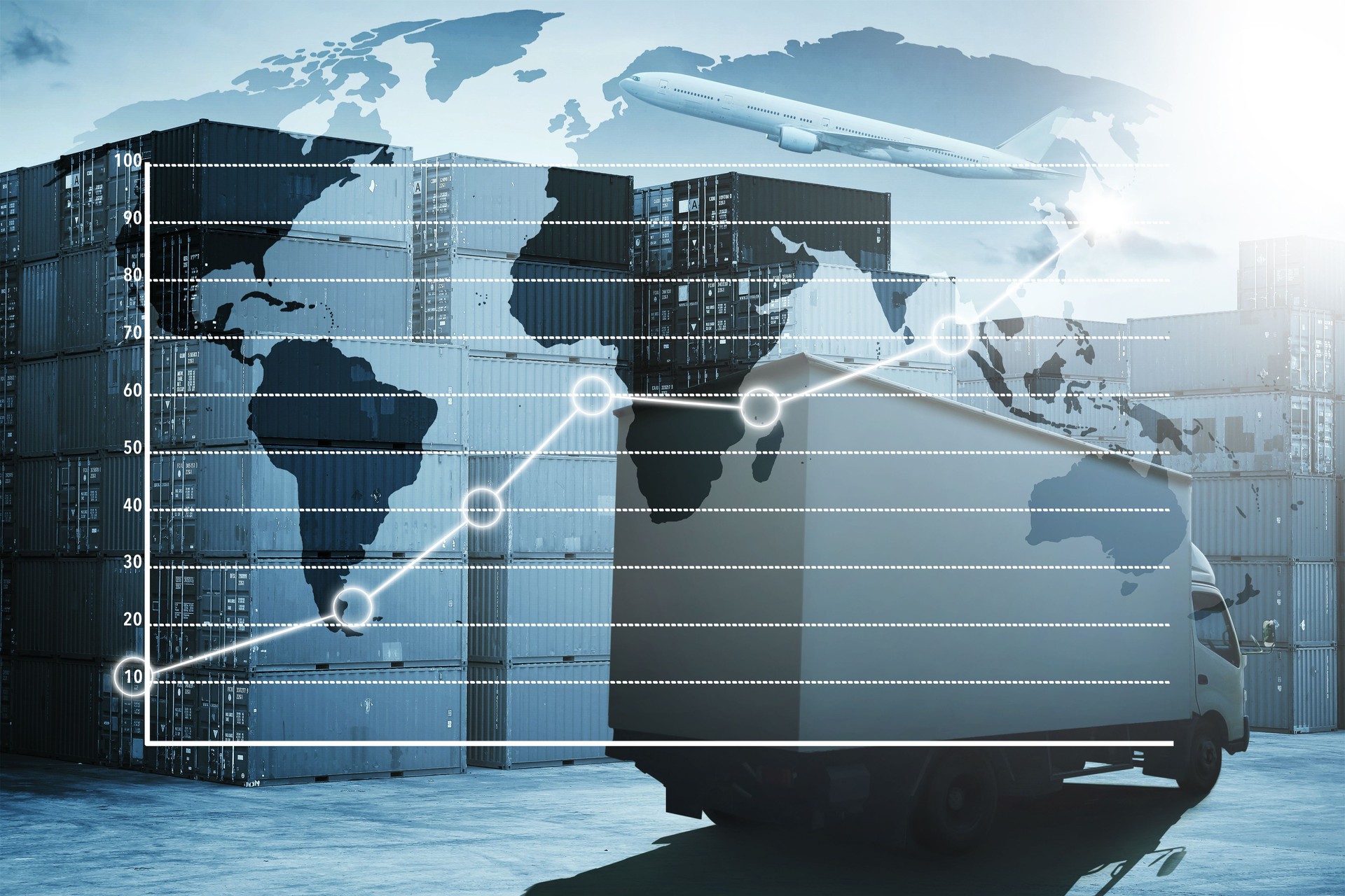 Camión y avión con carga para logística importación exportación con carta de barra técnica, concepto de éxito en los negocios con la asociación global de logística y transporte.